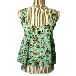 HUG Mint Green Multi Color Floral Back Cut Out Bow Tank Top Women Sz M